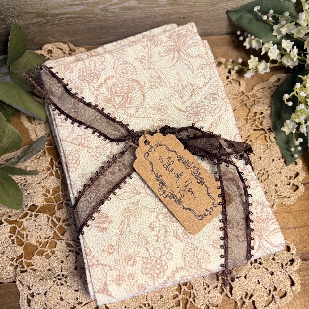 Noble Excellence Floral Toile Cotton Napkins Set 4 Tan Cream Vintage Style NWOT
